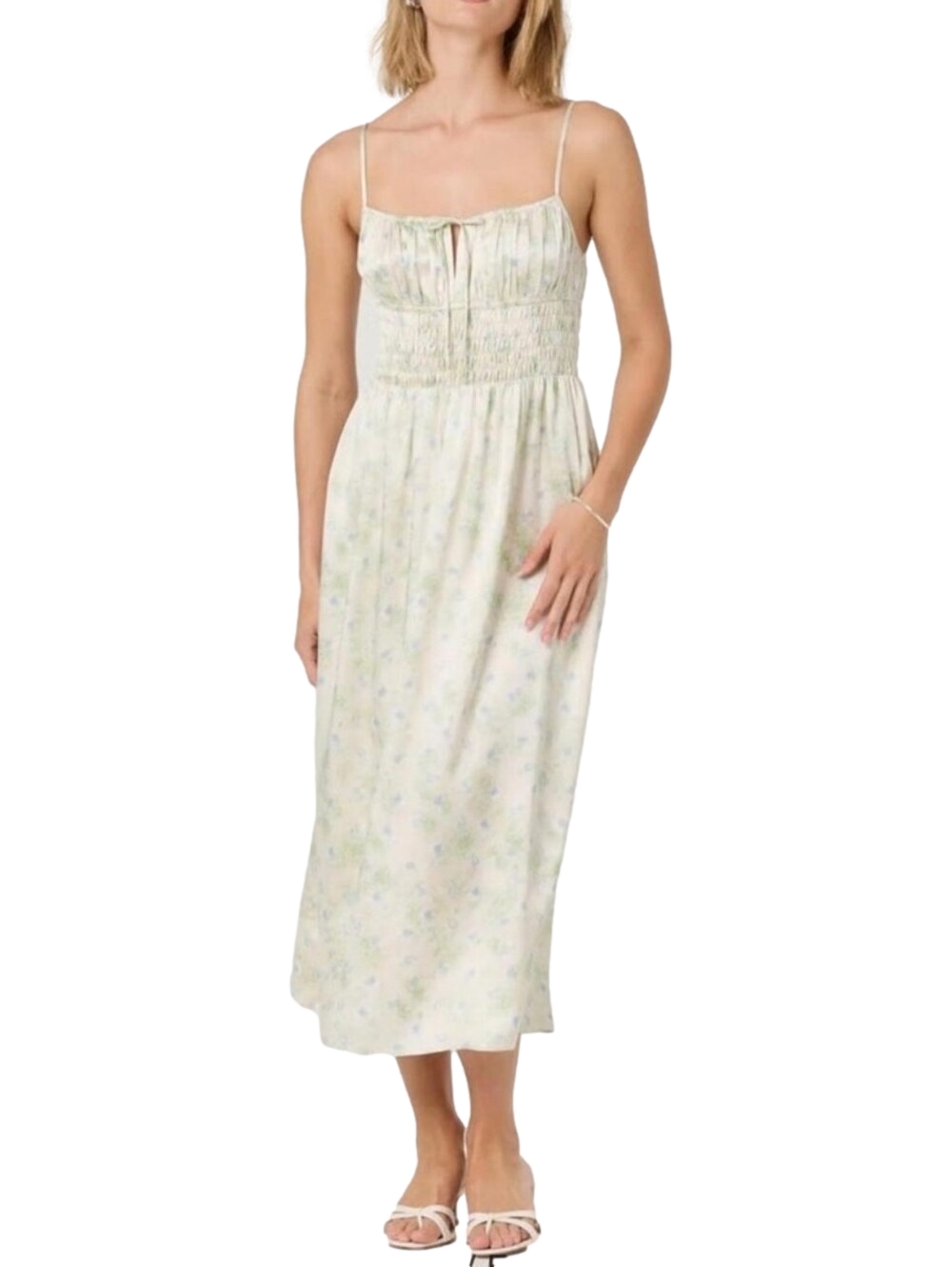 Astr Pastel Floral Midi Dress in Cream and Light Green Size Small